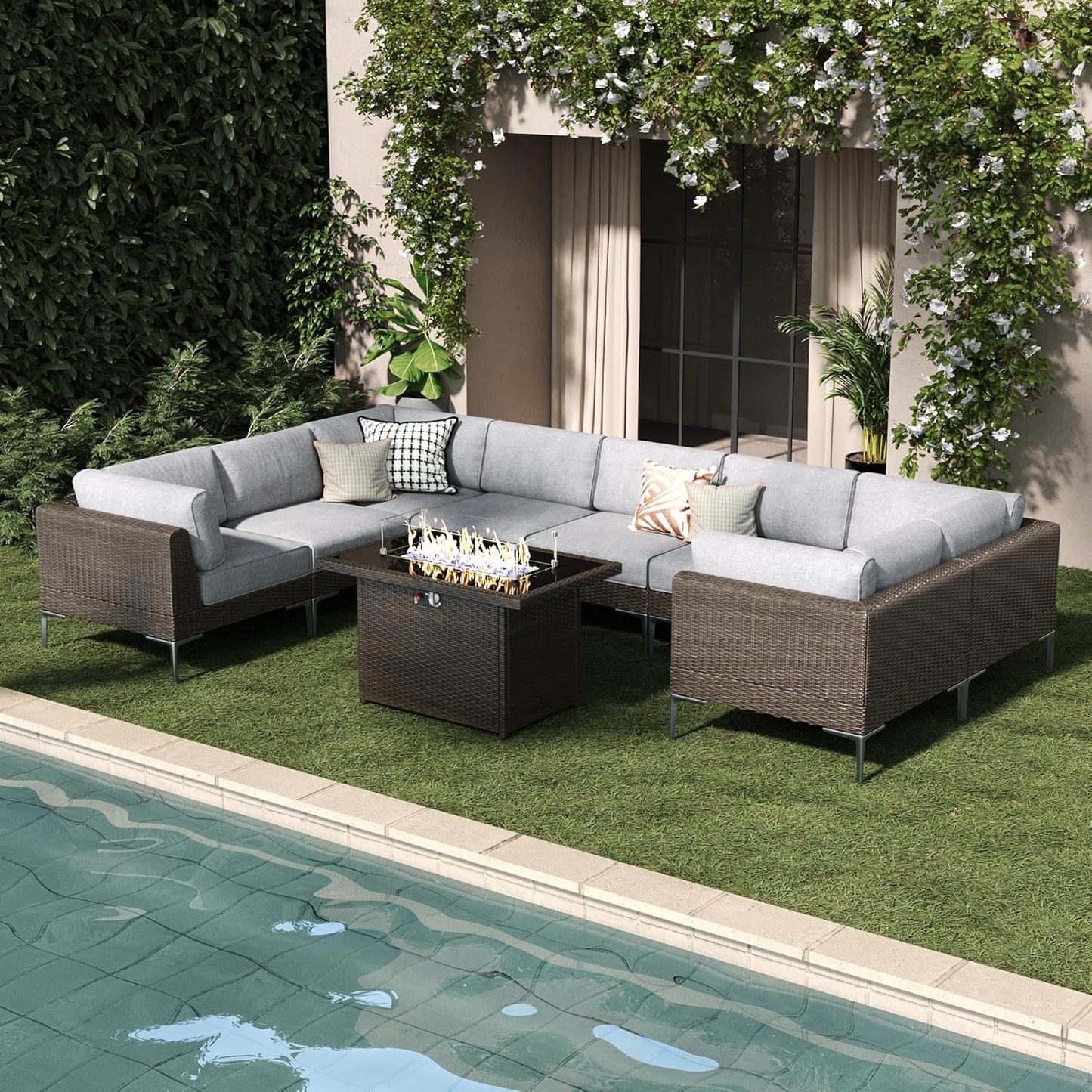 LayinSun 9-Piece Outdoor Modular Wicker Sectional Sofa with Fire Pit Table, Patio Furniture Conversation Set with Deep Seating and Thick Cushions