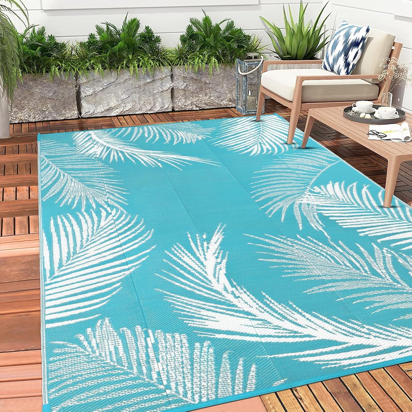 Pauwer Waterproof Outdoor Rug 6x9, Reversible Plastic Straw Patio Camping Rug, Indoor Outdoor RV Mat Carpet for Deck, Camper, Porch, Balcony, Backyard, Picnic, Leaf Teal