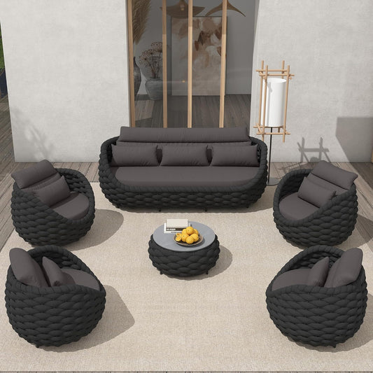 6-Piece Aluminum Patio Furniture Set, Modern Outdoor Conversation Set Sectional Sofa with Water Repellent Thick Cushions and Coffee Table for Balcony, Garden