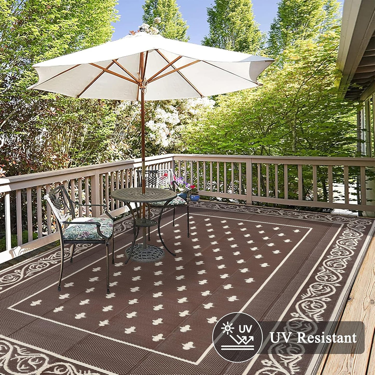 Pauwer Waterproof Outdoor Rug 10x14, Reversible Plastic Straw Patio Camping Rug, Indoor Outdoor RV Mat Carpet for Deck, Camper, Porch, Balcony, Backyard, Picnic, Bordered Brown