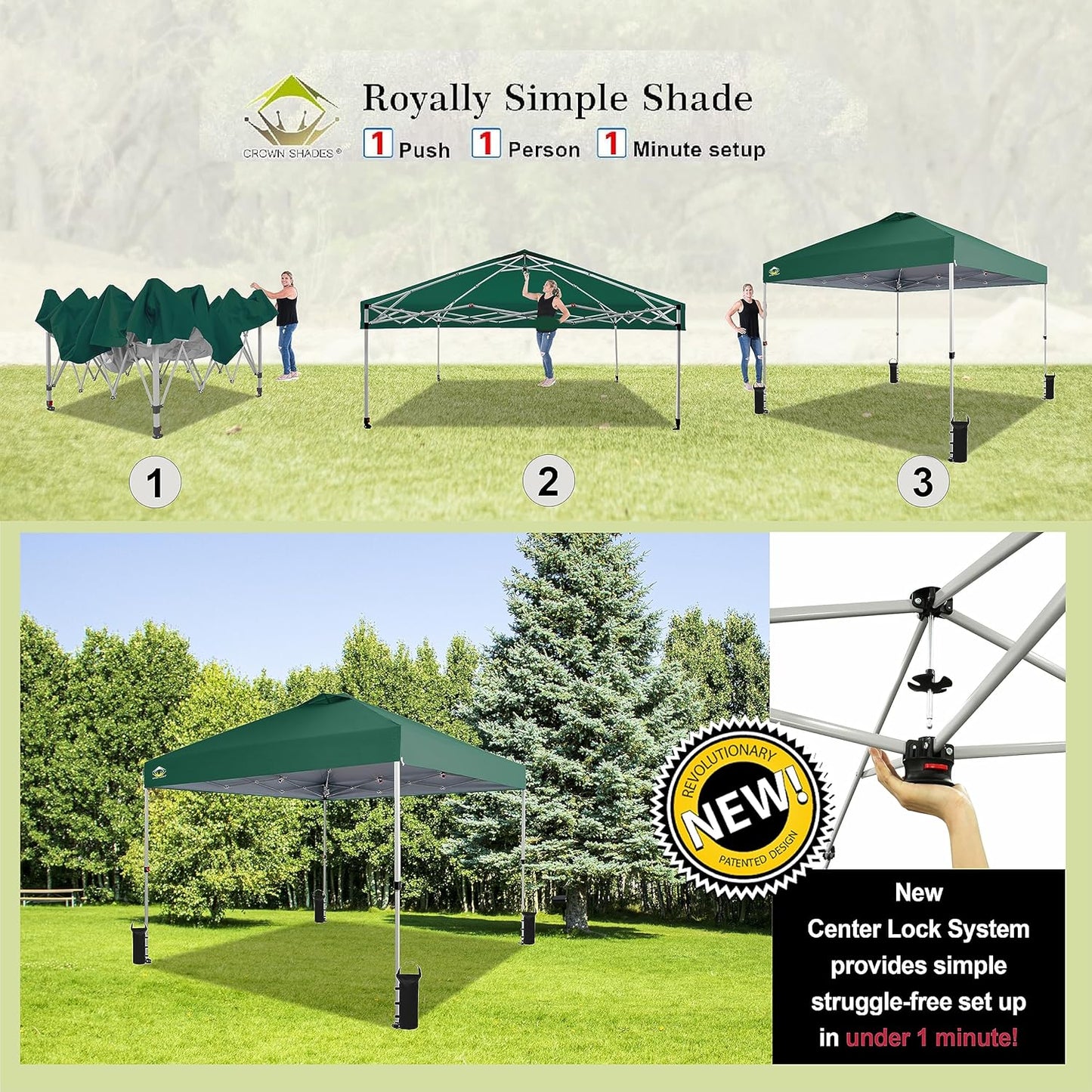 CROWN SHADES 10x10 Pop Up Canopy - Beach Tent with One Push Setup - Easy Outdoor Sun Shade for Events, Parties, Camping - Gazebo with STO-N-Go Cover Bag, Silver Coated Top, Forest Green