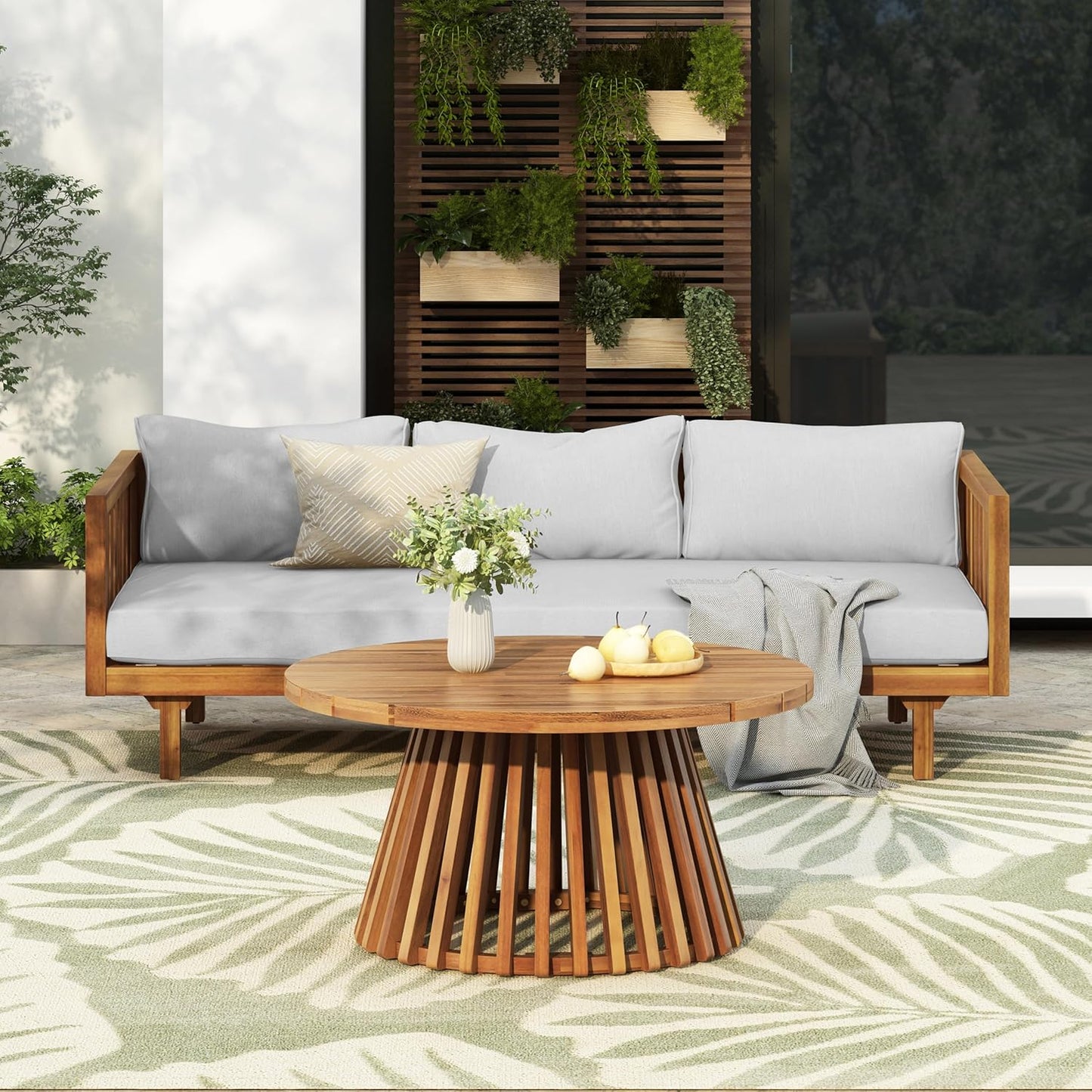 Christopher Knight Home Claremont Patio Sofa and Coffee Table Set, 2 Piece Outdoor Patio Furniture Set with Cushion, Acacia Wood 3 Seater Outdoor Sofa Daybed and Coffee Table Set, Teak+Light Grey