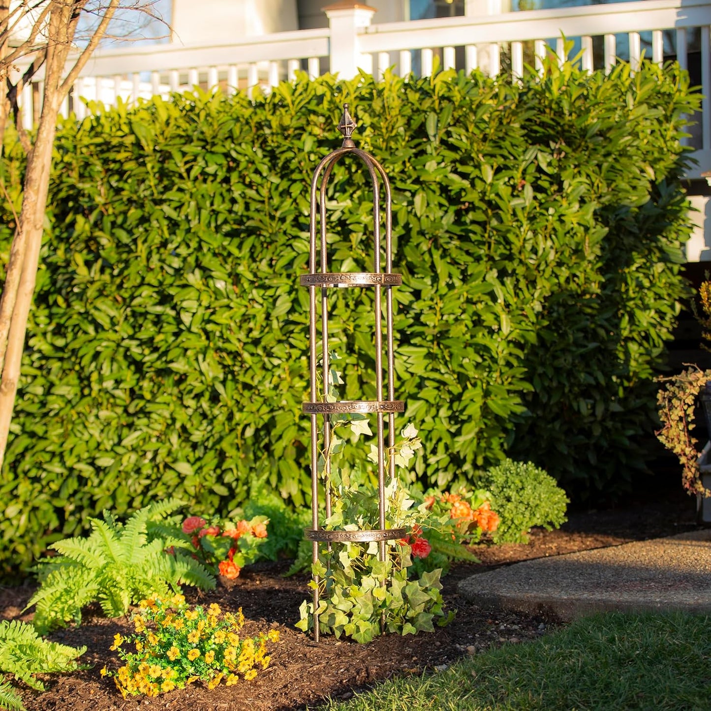 Evergreen Garden 5 ft Metal Garden Obelisk Trellis for Climbing Plants Vines, Clematis & Flowers | Outdoor & Indoor Plant Trellis for Potted Plants | Floral Pattern Arch Trellis (Bronze)