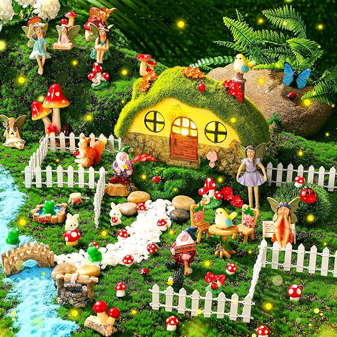Suzile 50 Pcs Solar Fairy House Garden Accessories Light up Flocked Fairy House Garden Kit Green Resin Miniature Mushroom Figures Micro Landscape Ornament(Stone House)