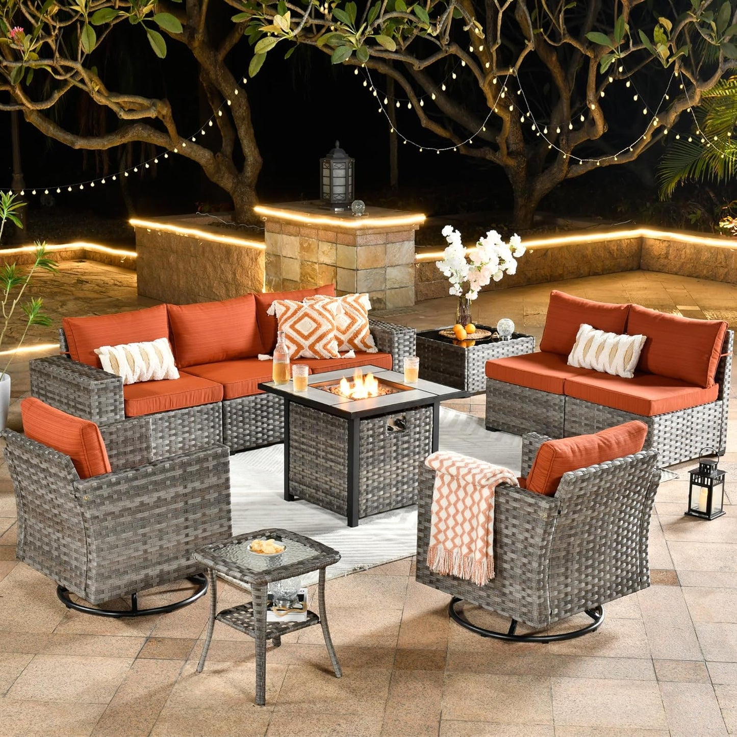 HOOOWOOO 10 Piece Modular Patio Outdoor Sectional Furniture Set with Gas Propane Fire Pit Table,Wicker Conversation Sofa Set with Swivel Chairs,Outside Couch Set(Orange Red)