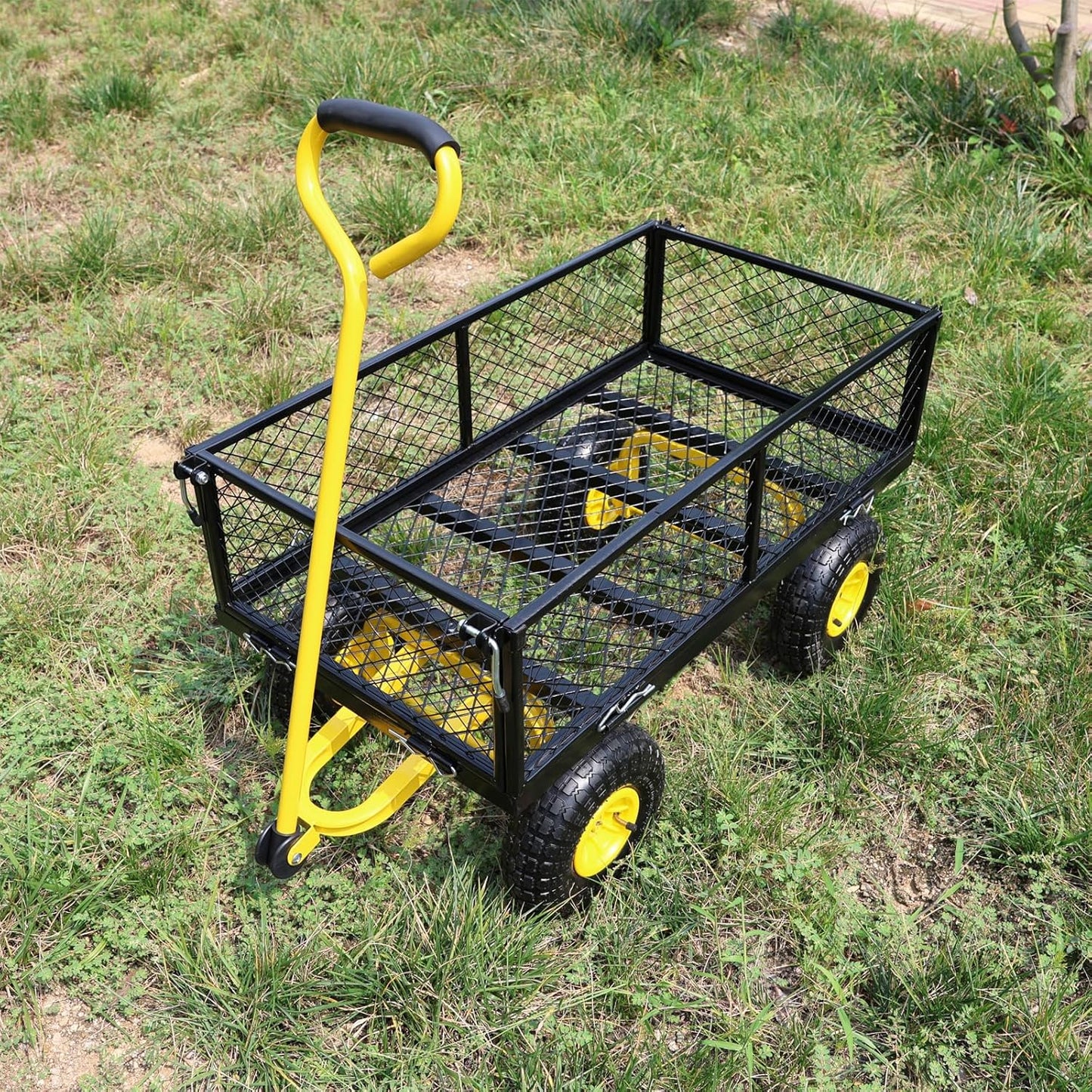 Wagon Removable Sides - Farm, Warehouse, Yard Dump Cart - Yellow+Black Air Wheels