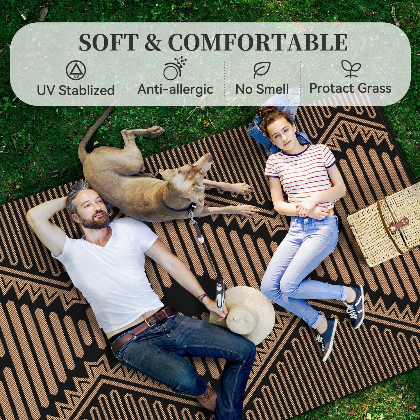 MontVoo Outdoor Rug-Waterproof Patio Rug Mat 5x8 Outdoor Carpet Mat Reversible Plastic Straw Outside Outdoor Rug for RV Camping Picnic Balcony Backyard Pool Deck Porch Modern Boho Black Brown