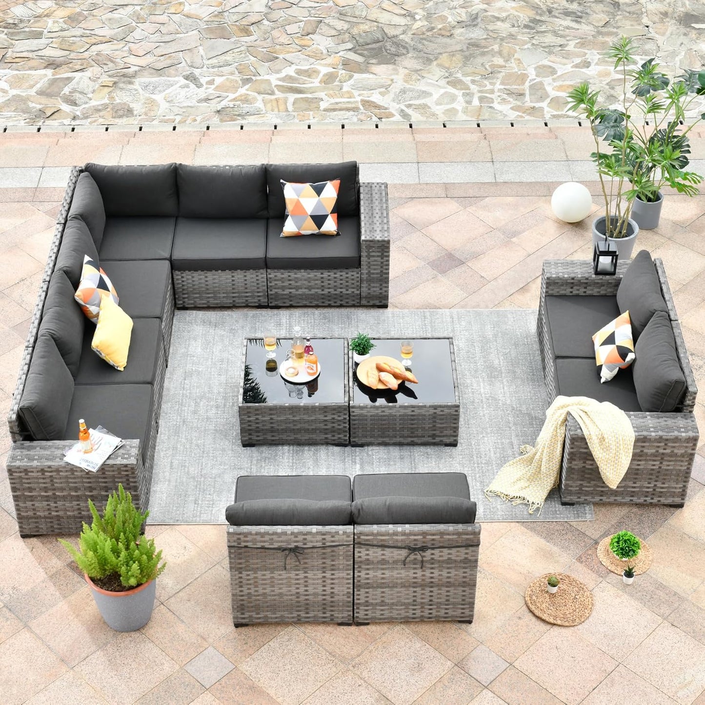 HOOOWOOO 12 Piece Modular Patio Outdoor Sectional Furniture Sofa Set,Wicker Conversation Set,Out Door Couch Set with Wide Arm for Outside All Weather(Black)