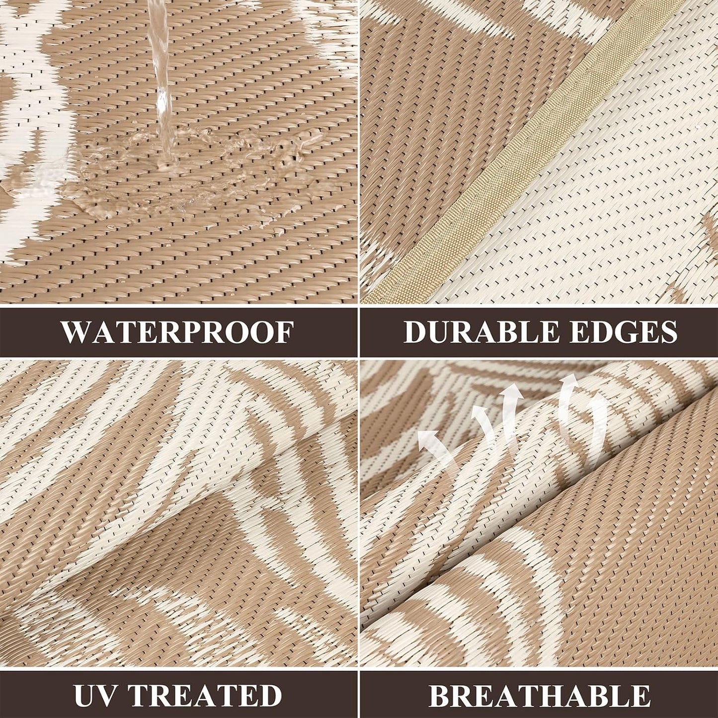 Pauwer Waterproof Outdoor Rug 8x10, Reversible Plastic Straw Patio Camping Rug, Indoor Outdoor RV Mat Carpet for Deck, Camper, Porch, Balcony, Backyard, Picnic, Leaf Brown