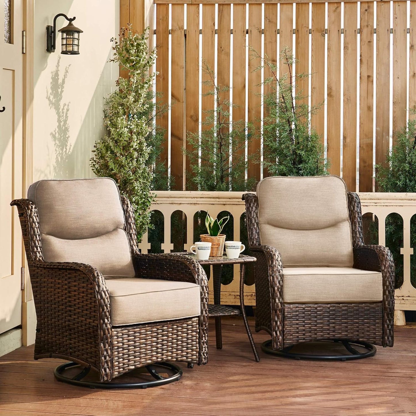 HILLGA Luxury Outdoor Swivel Rocker Patio Chairs of 2 with 6 Inch Thick Cushions and Side Table, Swivel Outdoor Chairs 3PCS High Back Wicker Patio Furniture Set for Porch, Balcony, Deck in Beige