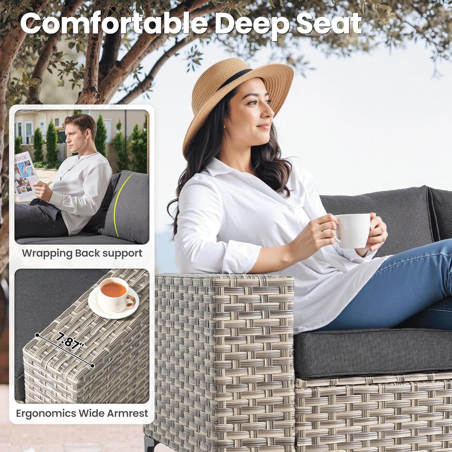 ovios 9 Pieces Patio Furniture Set Outdoor Sectional Sofa Couch with Fire Pit Table Rocking Swivel Chairs Deep Seat Chaise, Modern Modular Wicker Rattan Conversation Set, Black