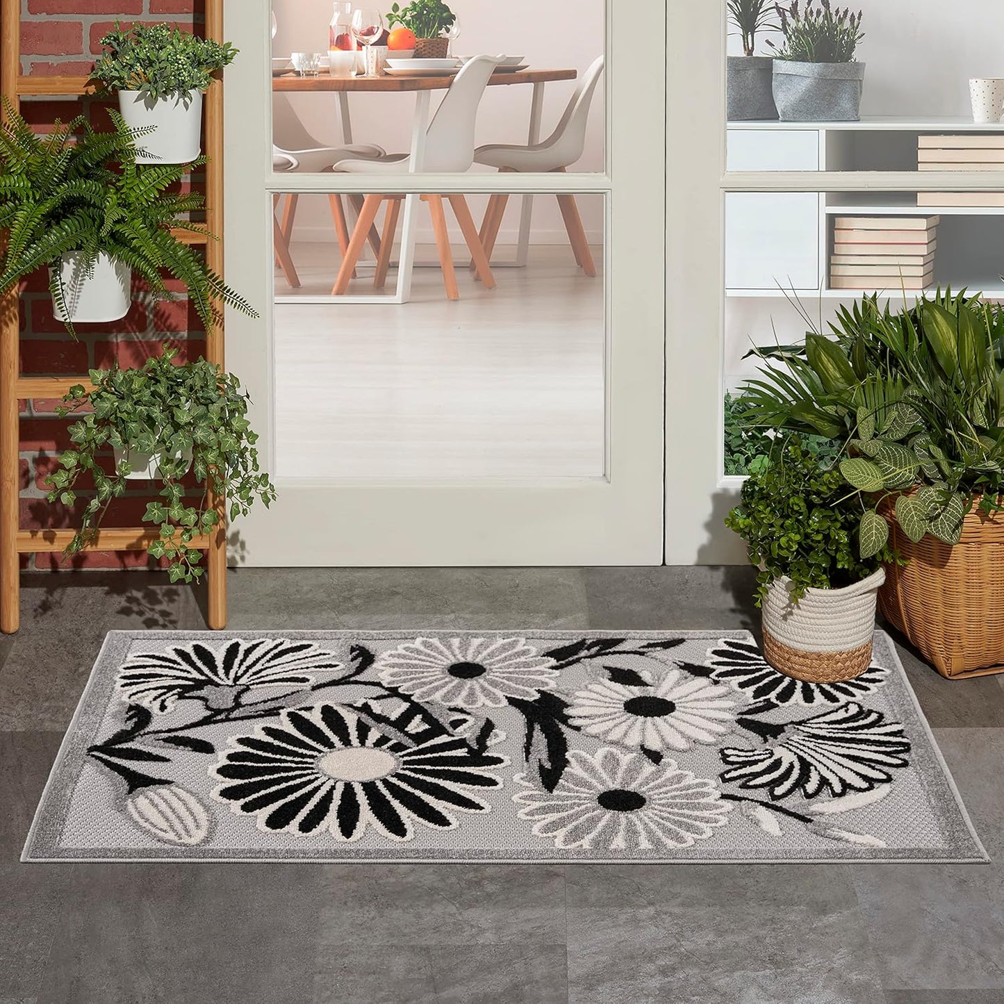 Nourison Home Aloha Indoor/Outdoor Black White 2'8" x 4' Area Rug, Easy Cleaning, Non Shedding, Bed Room, Living Room, Dining Room, Backyard, Deck, Patio (3x4)