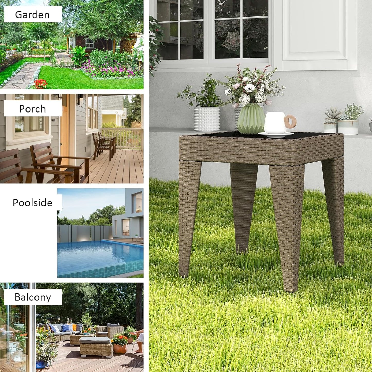 Outdoor Small Patio Table - PE Rattan Coffee Table, Wicker Side Table for Patio, Balcony & Porch, Durable & Iron Frame (2, Rattan Sesame)