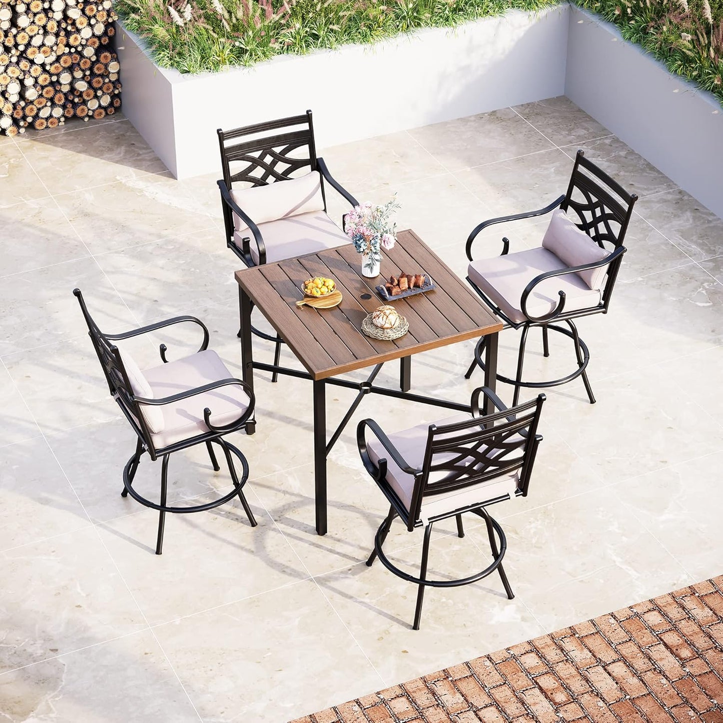 Sophia & William Outdoor Patio Bar Set 5 Piece High Dining Table and Chairs Furniture Set-4 Swivel Bar Stools with Beige Cushion and 1 Square Bar Height Table with Hand-Painted Metal Top