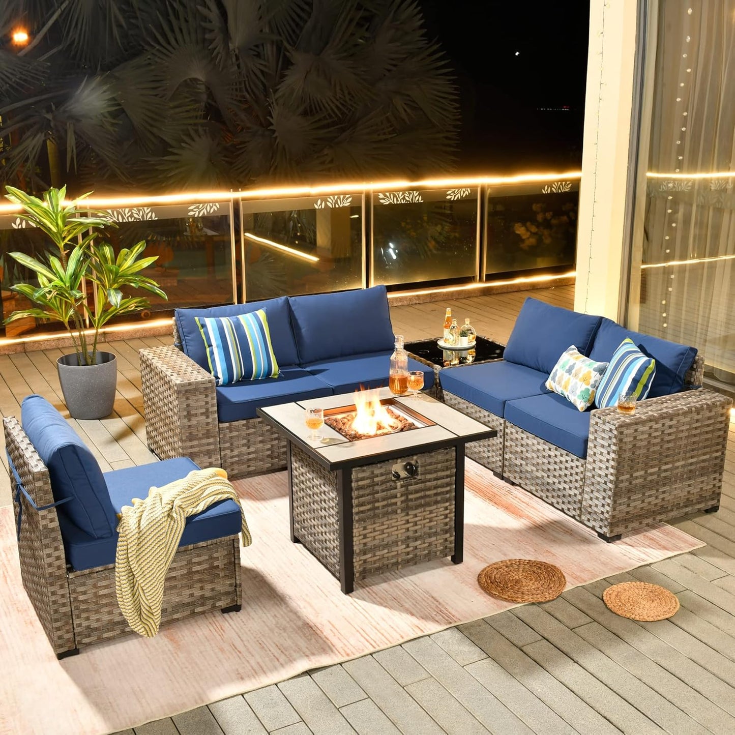 HOOOWOOO Modular Patio Outdoor Sectional Furniture Set with Gas Propane Fire Pit Table,7 Piece Wicker Conversation Sofa Set,Out Door Couch Set with Wide Arm Outside(Navy Blue)