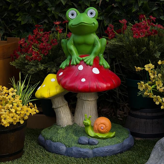 Alpine Corporation ZEN390SLR-L Frog on Mushroom Statue with LED Lights, Solar-Powered LED Frog Garden Statue, 24" H, Green
