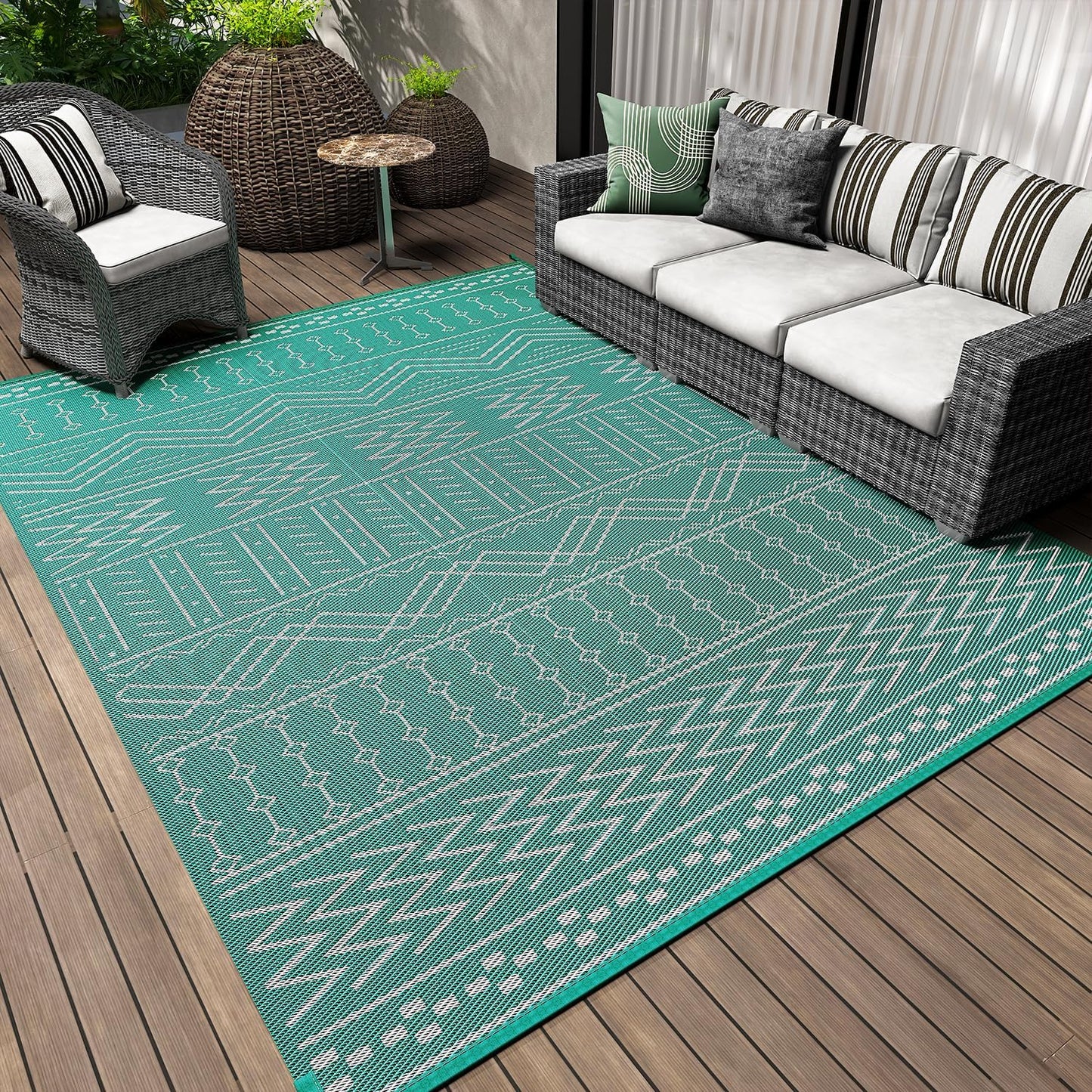 Outdoor Rug Carpet Waterproof 6x9 ft Patio Rug Mat Indoor Outdoor Area Rug for RV Camping Picnic Reversible Lightweight Plastic Straw Outside Rug for Patio Decor Decoration Boho Rug Turquoise White