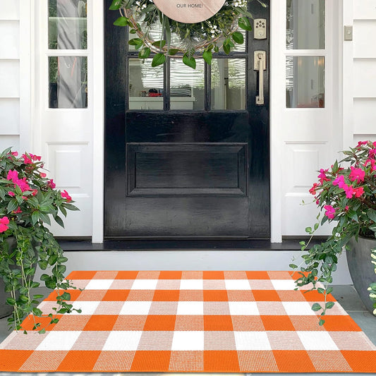IOHOUZE Fall Buffalo Plaid Check Rug Outdoor Doormat 27.5 x 43 Inches Washable Woven Porch Decor Welcome Mats for Front Door/Farmhouse/Entryway/Home Entrance Orange and White Outdoor Rug
