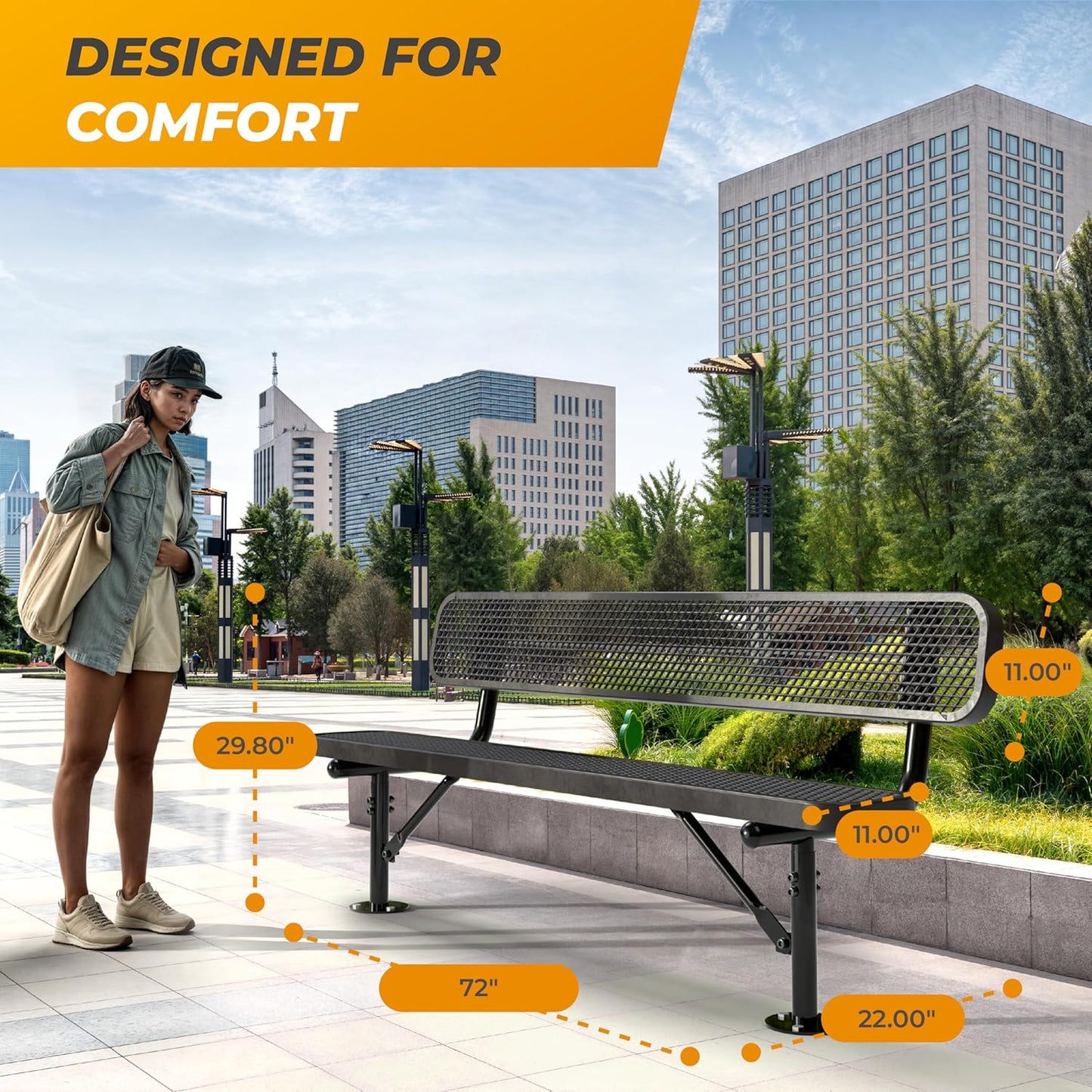 Heavy-Duty Outdoor Metal Bench, Thermoplastic-Coated, Surface, Weatherproof, Commercial-Grade for Parks, Gardens, Patios, Stores & More (6 Ft - Surface with Back, Black)