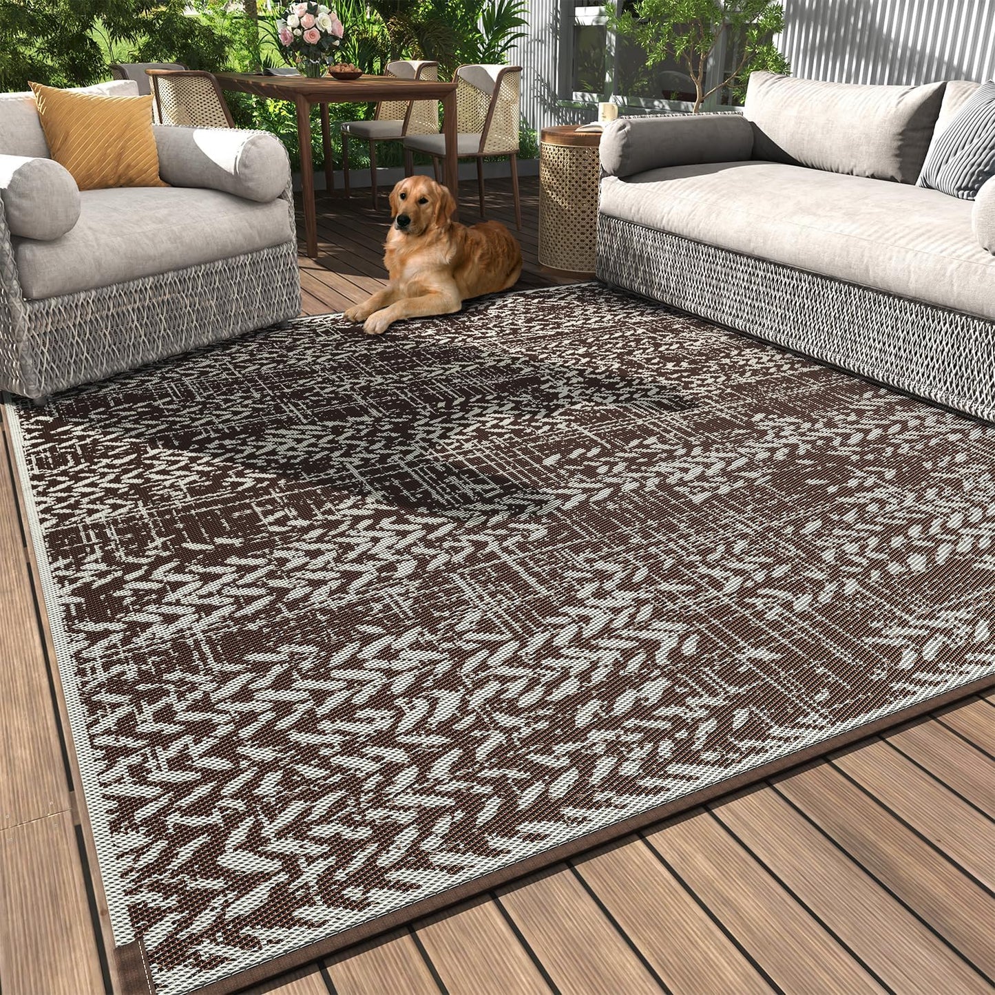MontVoo Outdoor Rug Waterproof-Patio Rug Mat 5x8 Outdoor Carpet Reversible RV Camping Picnic Plastic Straw Rug Outside Outdoor Area Rug for Balcony Deck Backyard Patio Decor Boho Modern-Brown