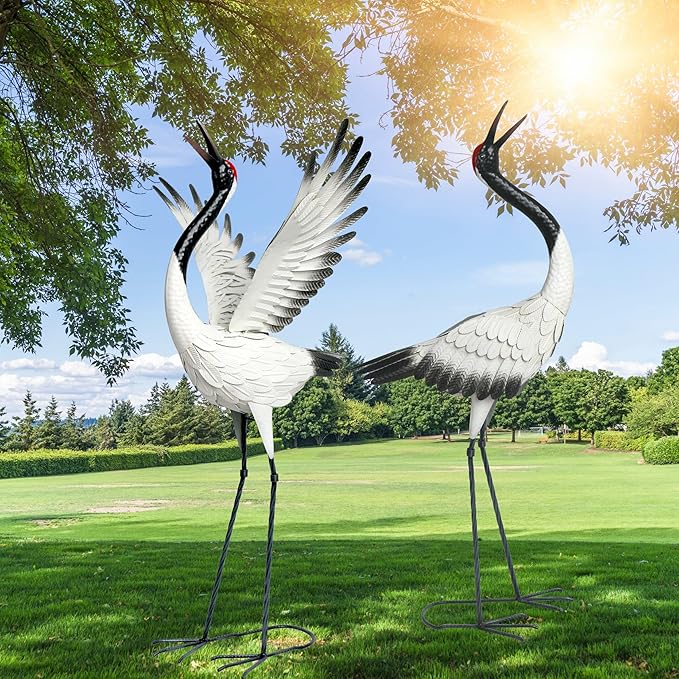 chisheen Crane Garden Statues Outdoor Metal Heron Yard Art Crane for Garden Sculptures Patio Lawn Ornaments,Set of 2