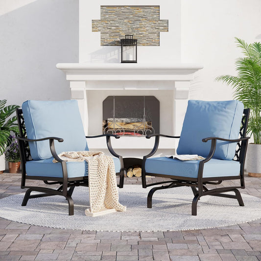 Metal Outdoor Rocker Patio Chairs Set of 2 with 5.75" Extra Thick Cushion, 2 Piece High Back Rocker Patio Chairs All Weather Outdoor Furniture Seating for Deck Balcony Porch, Blue
