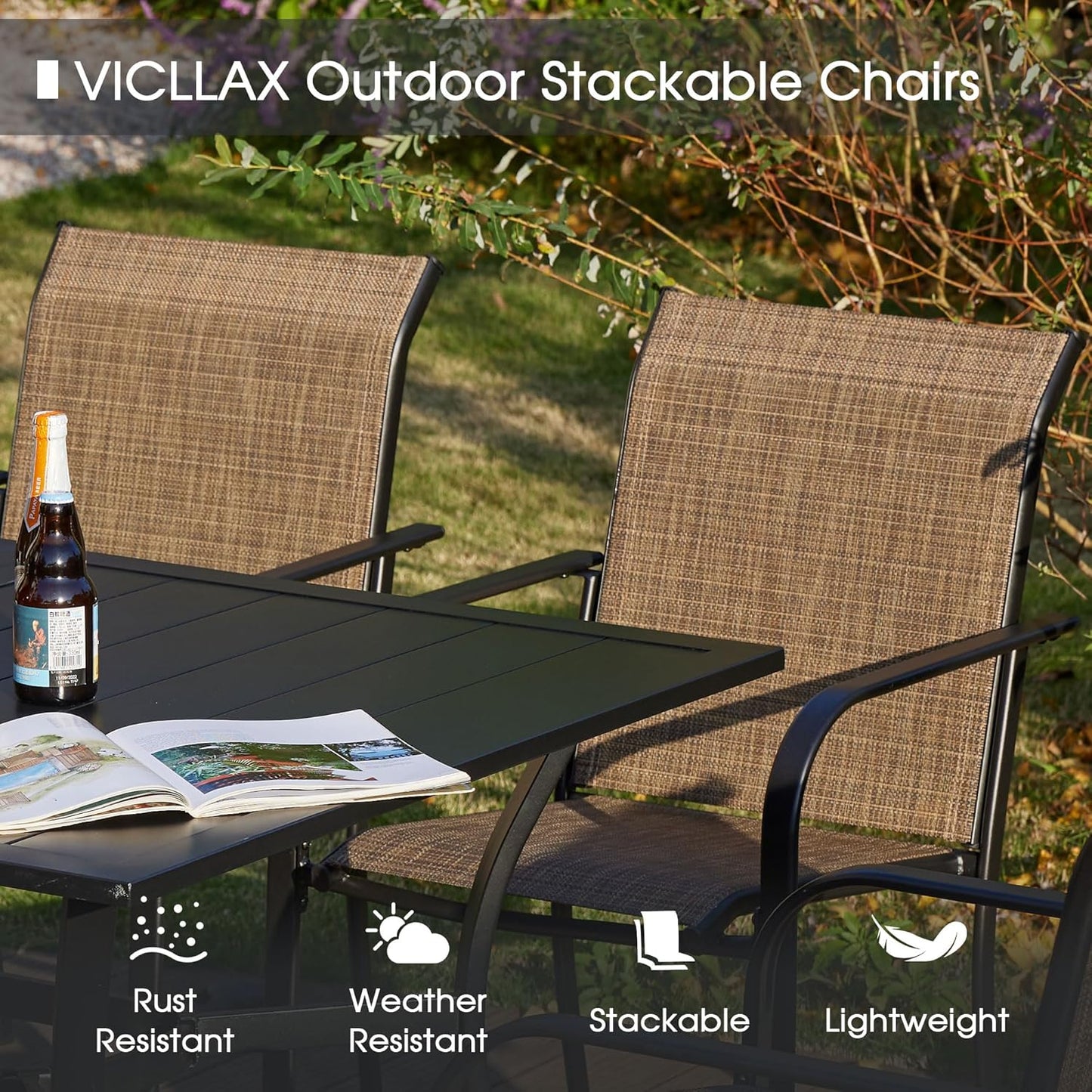 VICLLAX Patio Dining Set for 6, Outdoor Furniture Set Includes 47.2" Round Patio Table and 6 Patio Sling Chairs, Walnut Tabletop and Brown Fabric