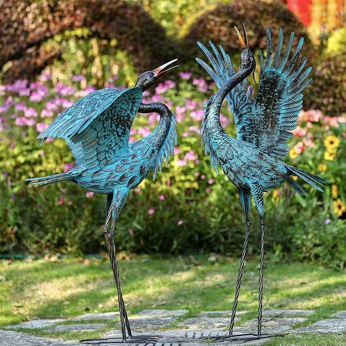 Natelf Garden Crane Sculptures & Statues, Blue Heron Decor Outdoor Large Bird Yard Art, Standing Metal Herons Lawn Ornaments for Home Patio Porch Backyard Decorations(Set of 2)