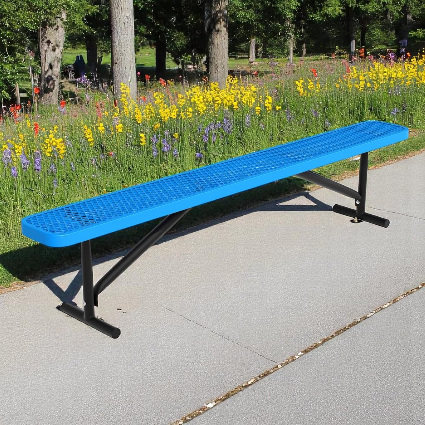 96" L Outdoor Metal Benches, Heavy Duty Garden Park Bench for Outside, Expanded Metal, Commercial Benches Mesh Bench for Shopping Mall, Store, Lawn, Park, Patio, Deck, Garden (Blue, 8FT)