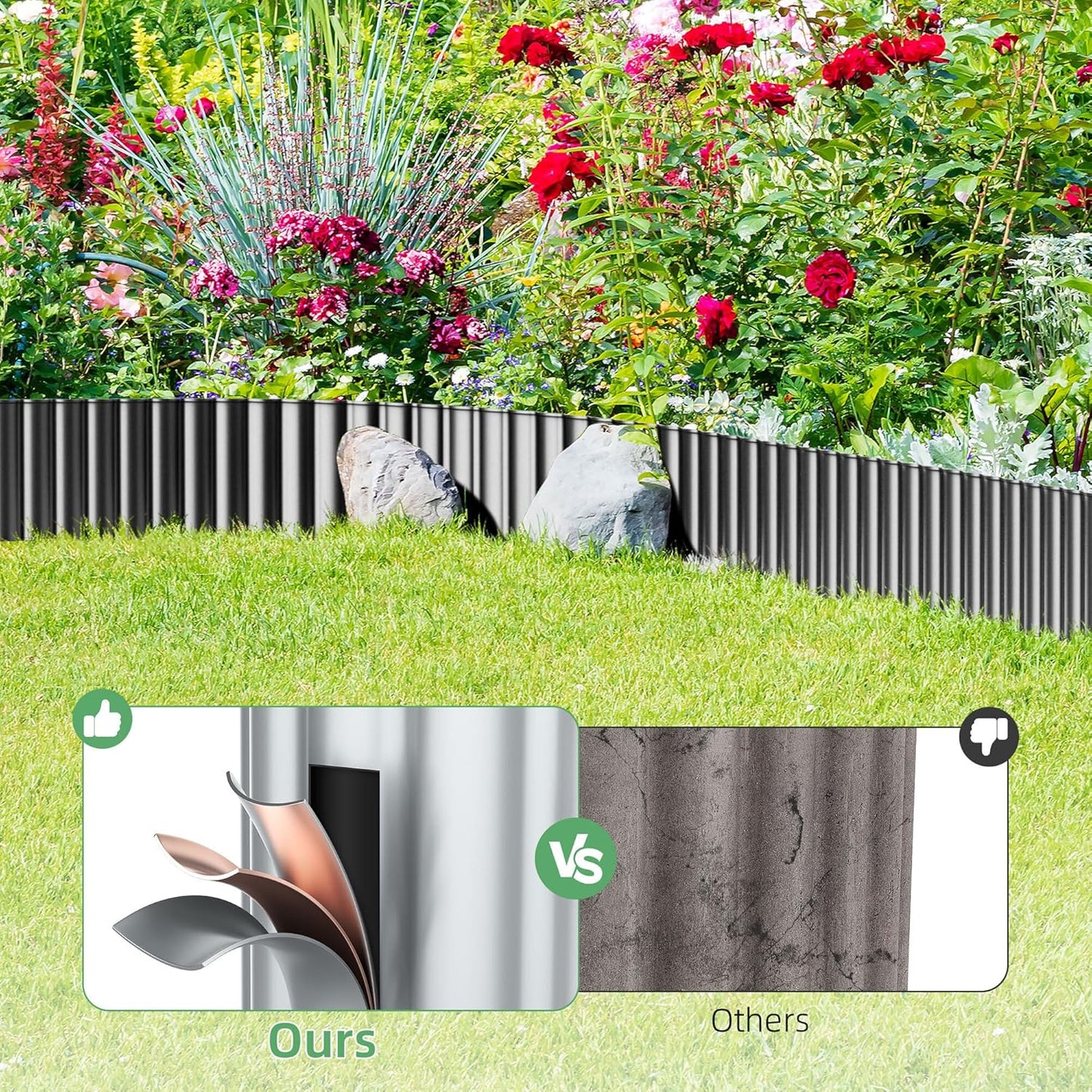 Corrugated Metal Garden Edging, 5''×25Ft Steel Landscape Edging Border, Flower Bed Edging Borders, Metal Lawn Edging for Landscaping, Garden, Pathway, Lawn, Flower Bed, Garden Bed (Silver)