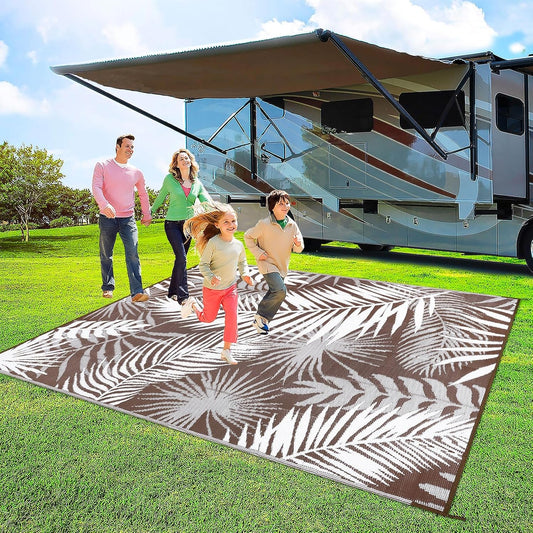 Outdoor Rug Waterproof for Patios Clearance, Reversible Outdoor Plastic Straw Rug Camping Carpet, Outside Floor Mats Large Area Rugs for RV,Patio,Deck,Porch,Beach,Balcony，10'x8',Brown&White