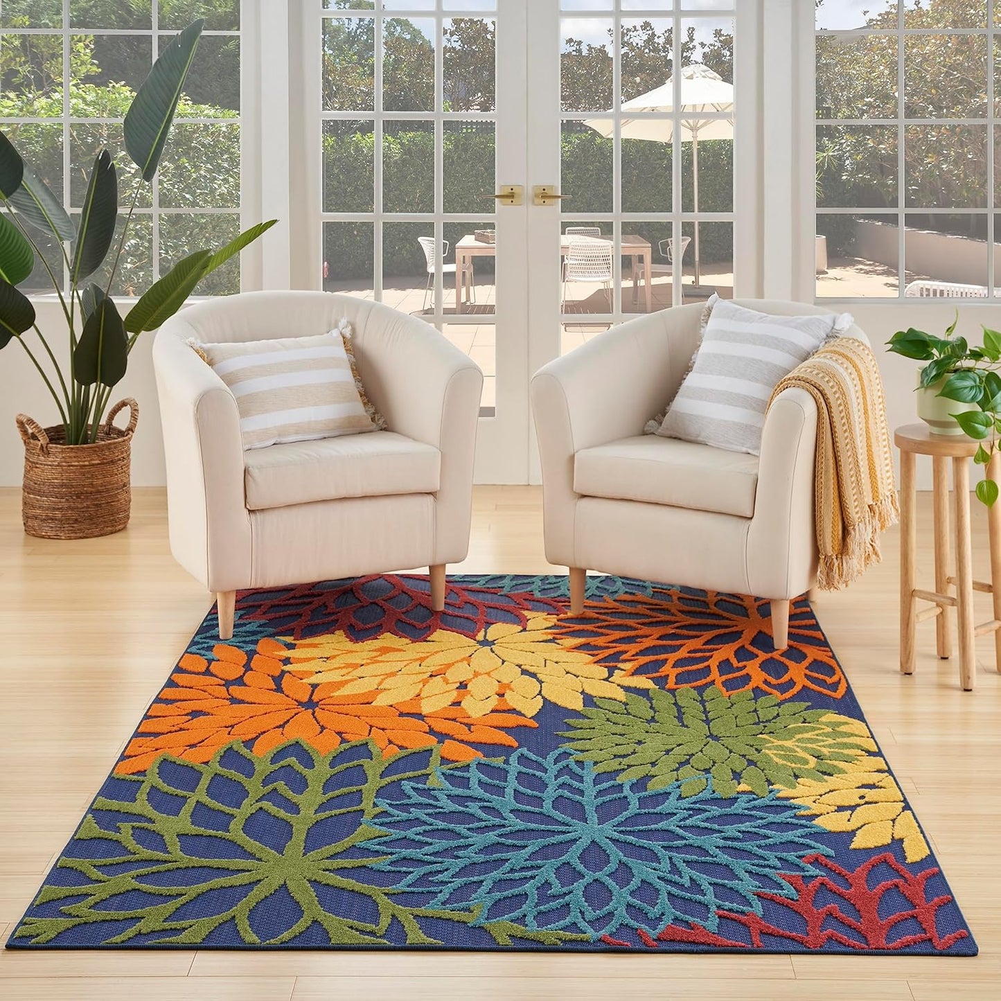 Nourison Home Aloha Indoor-Outdoor Navy Multicolor 5'3" x 7'5" Area Rug, Easy Cleaning, Non Shedding, Bed Room, Living Room, Dining Room, Backyard, Deck, Patio (5x7)