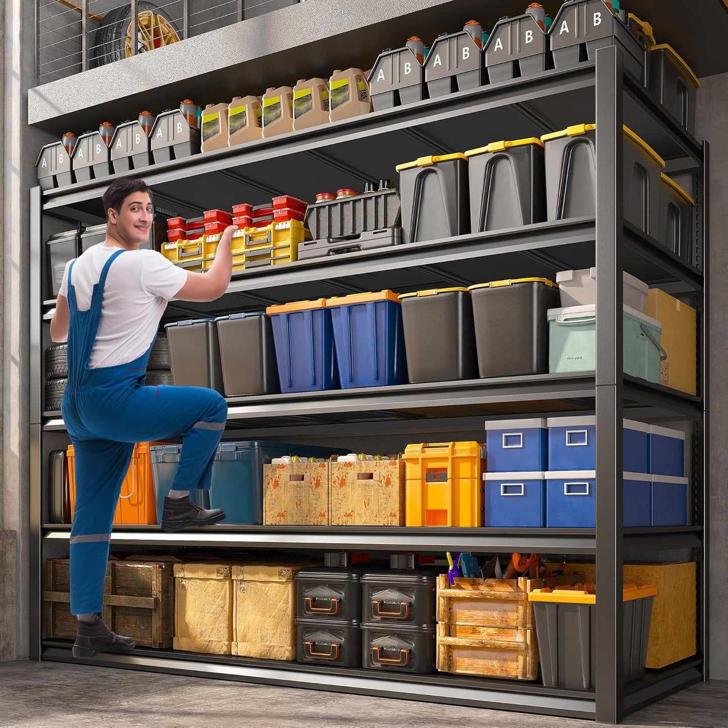 REIBII Garage Shelving 48.2" W Storage Shelves 3000LBS Metal Shelving Heavy Duty Adjustable Metal Shelf 5 Tier Pantry Shelves for Basement Warehouse Supermarket 72.2" H x 24.2" D x 48.2" W, 4 Pack