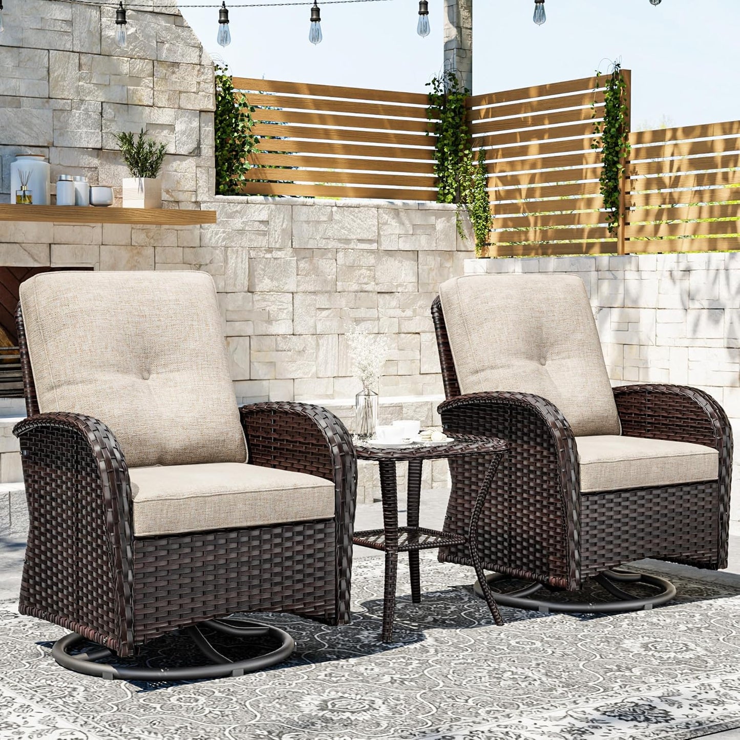Joyside Outdoor Swivel Rocker Chairs, 3 Piece Wicker Patio Set with Thick Cushion and Side Table, Rattan Patio Swivel Rocking Chairs for Porch, Deck Use (Brown/Beige, 3 PCS)