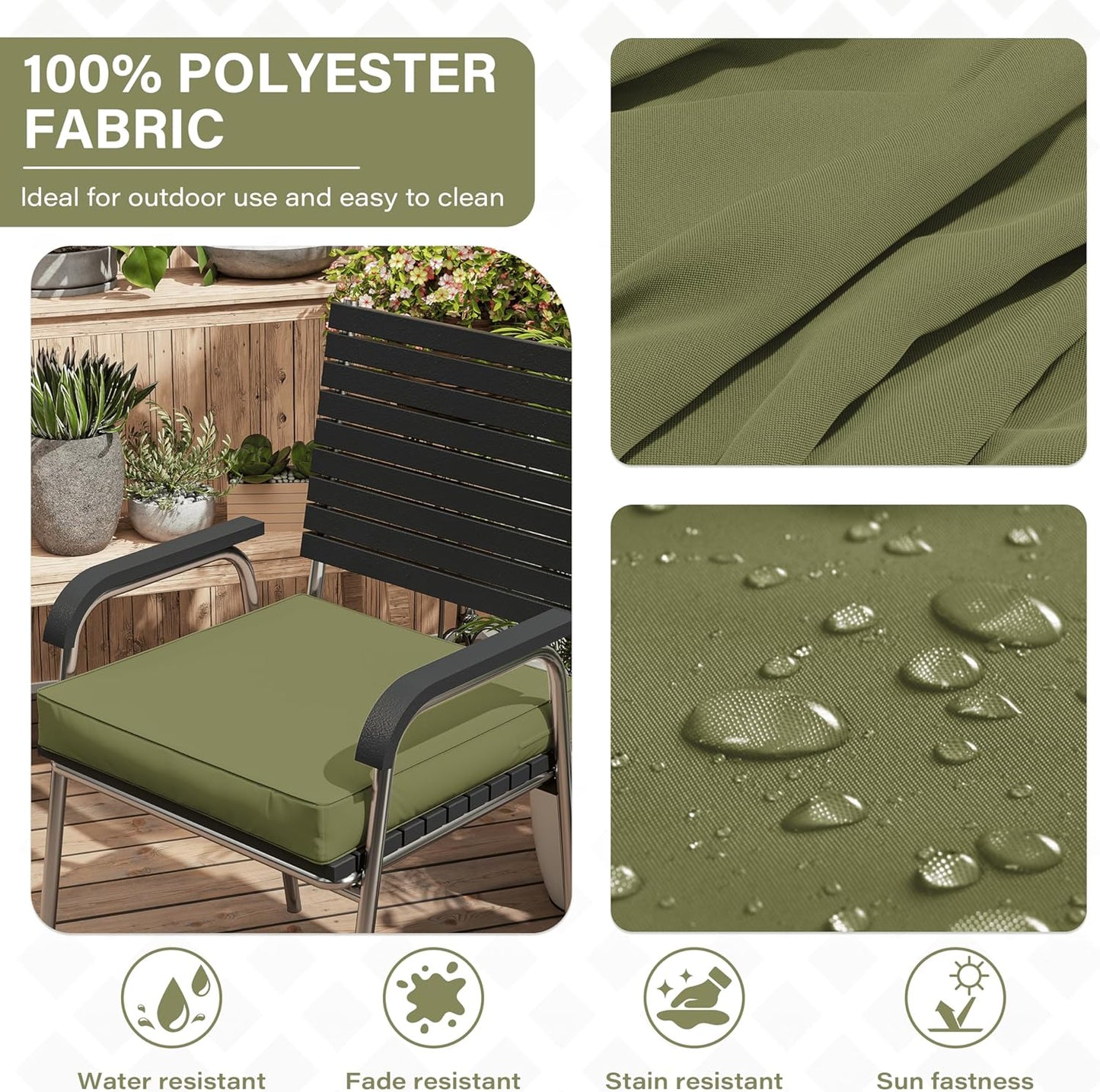 Patio Chair Cushions 17 X 16 X 3 Inch Waterproof Outdoor Seat Cushions for Patio Furniture, Outdoor Sofa Couch Pads with Ties & Handle, Set of 2, Light Green