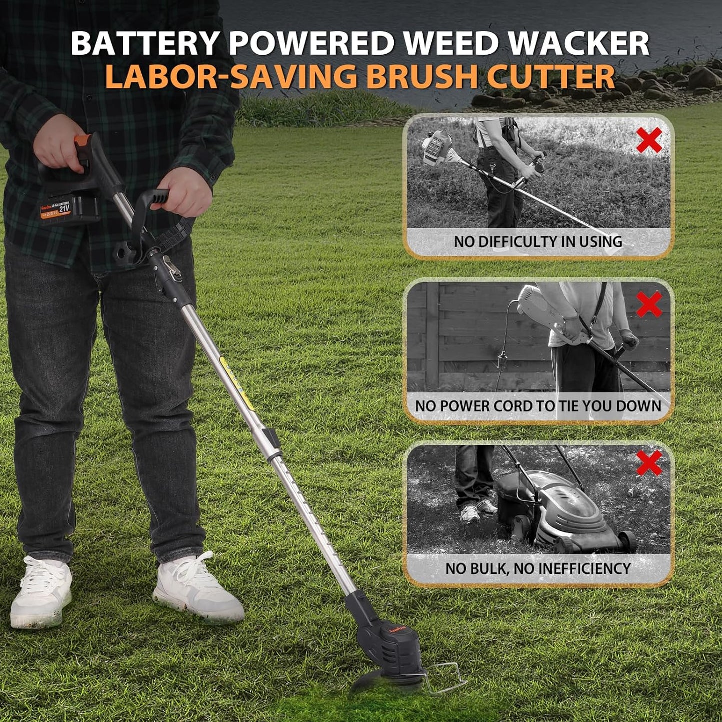 21V Electric Weed Eater, Cordless Brush Cutter Trimmer with Adjustable Pole & Battery-Powered, Lightweight & Low Noise, Foldable 3-in-1 Weed Wacker for Outdoor, Garden and Yard Use