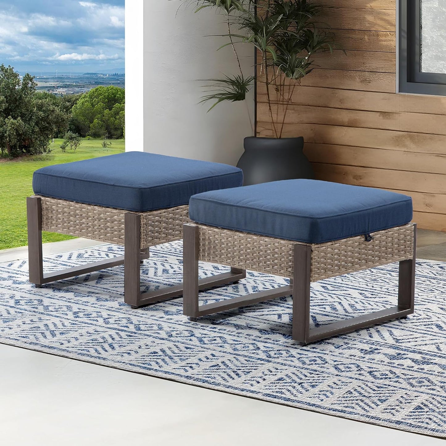 Patio Metal Wicker Ottoman Set of 2, Outdoor PE Rattan Footstools with Removable Cushions & Wood-Looking Metal Steel Framed Legs for Garden Backyard Porch Deck, Dark Blue