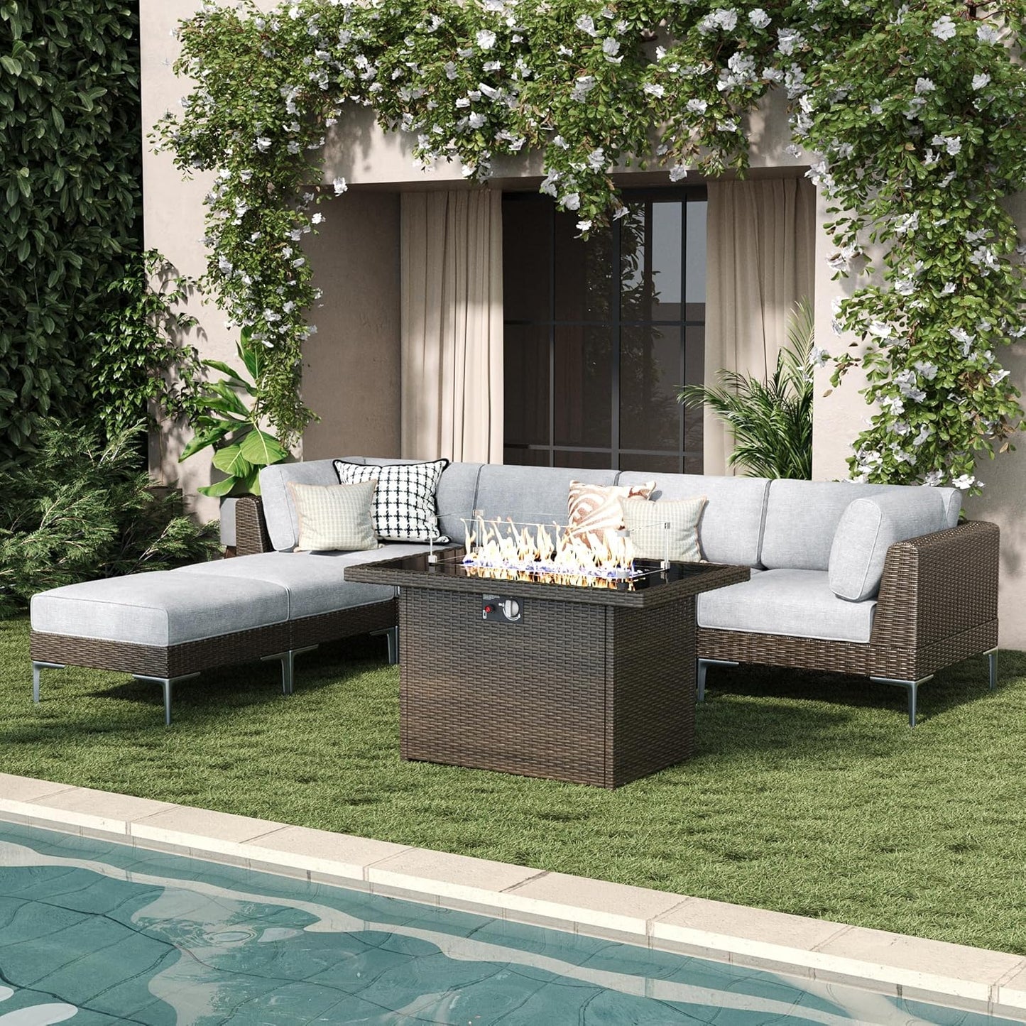 LayinSun 7-Piece Outdoor Modular Wicker Sectional Sofa with Fire Pit Table, Patio Furniture Conversation Set with Deep Seating and Thick Cushions