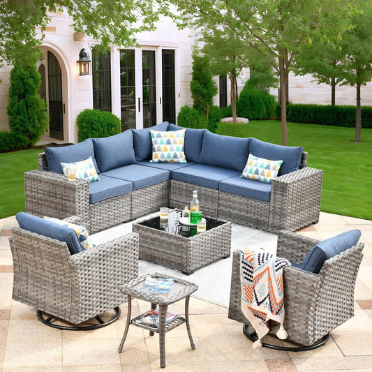 ovios 9 Pieces Patio Furniture Set, Outdoor Wicker Sectional Sofa with 2 Swivel Chairs Coffee Table, Modern Modular Deep Seat Rattan Couch Conversation Sets, Denim Blue