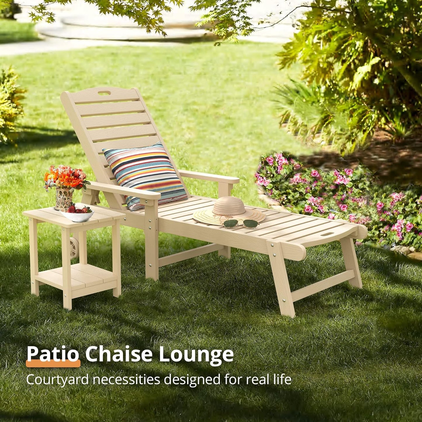 LUE BONA Outdoor Chaise Lounge Chairs Set of 4, 79'' Oversized HDPS Chaise Lounger, 5 Positions Adjustable Lounge Chairs, Pool Lounge Chair with Wheels for Poolside, 3 Year Warranty, Sand