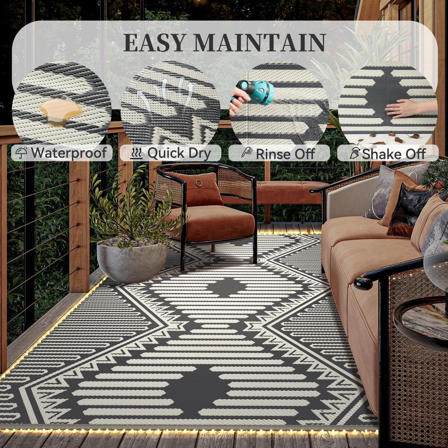 MontVoo Outdoor Rug with Led String Strip Lights 6x9 ft Waterproof Outdoor Patio Rug Mat Reversible Plastic Straw Rug Outside Outdoor Rug for RV Camping Picnic Balcony Fairy Boho Outdoor Decor