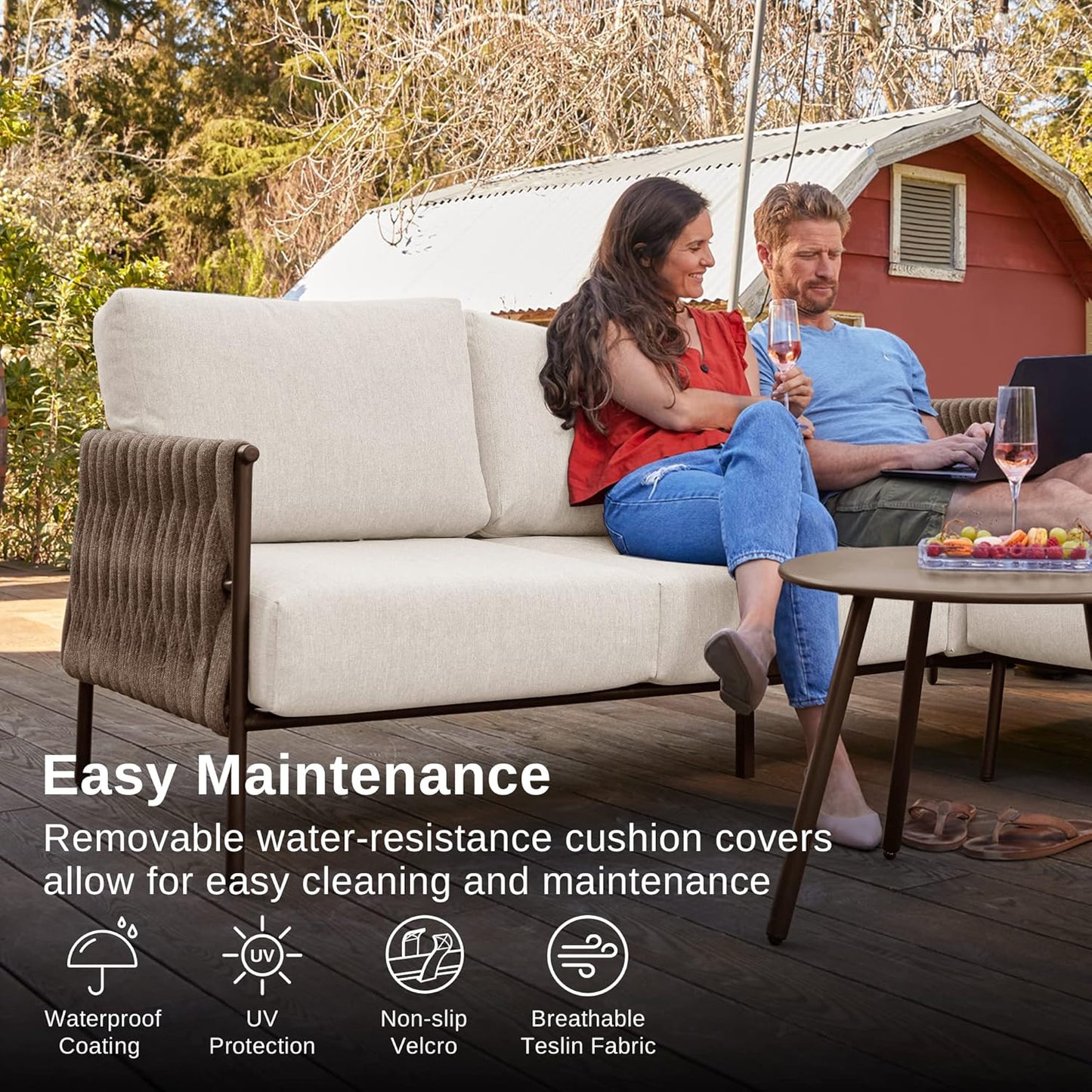 EAST OAK Life Chatter Patio Furniture Set, Outdoor Furniture Sectional Sofa Set with Round Coffee Table, 4 Seats Sofa Deep Seating with Thick & Washable Cushions, Chestnut Brown & Creamy Apricot