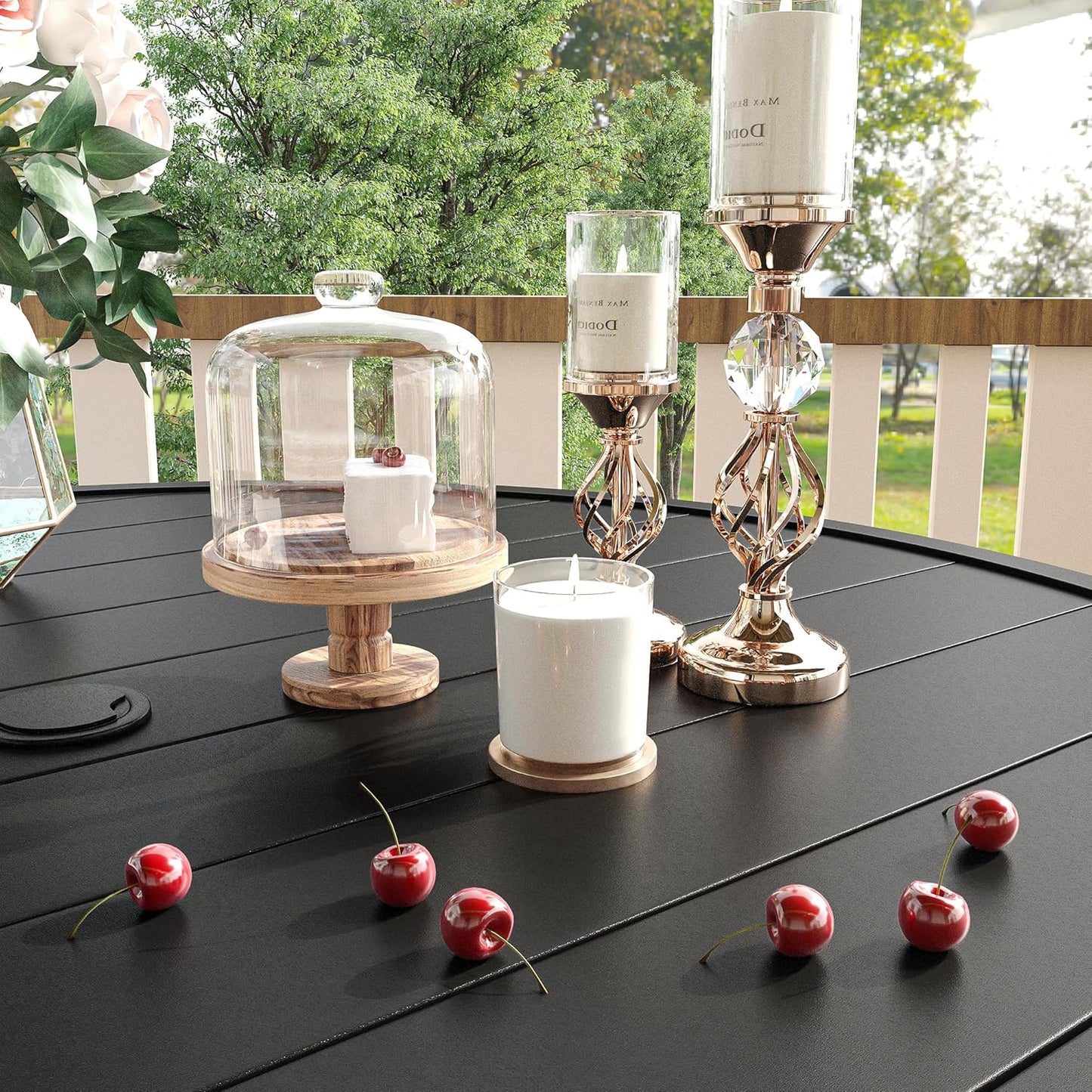 VICLLAX Patio Dining Set for 8, Outdoor Furniture Set Includes 53" Round Patio Table and 8 Patio Sling Chairs, Black Tabletop and Blue Fabric