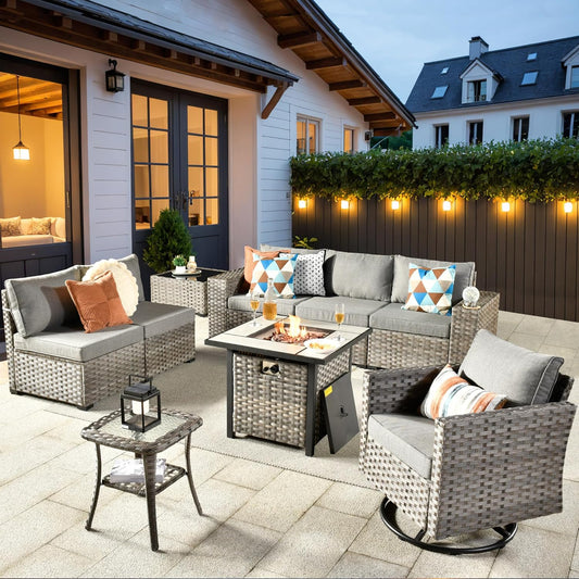 ovios 9 Pieces Patio Furniture Set, Outdoor Wicker Sectional Sofa with 30" Fire Pit Table Swivel Chair, Modern Modular Deep Seat Rattan Couch Conversation Sets, Dark Grey