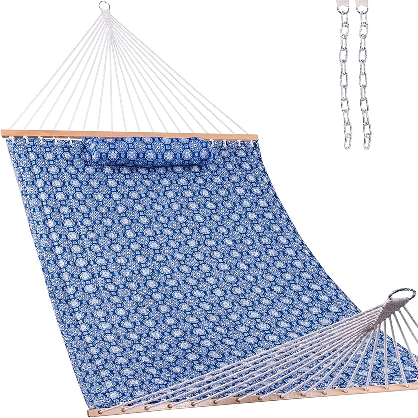 Lazy Daze Hammocks 12 FT Double Quilted Fabric Hammock with Spreader Bars and Detachable Pillow, 2 Person Hammock for Outdoor Patio Backyard Poolside, 450 LBS Weight Capacity, Blue Floral,HM003648