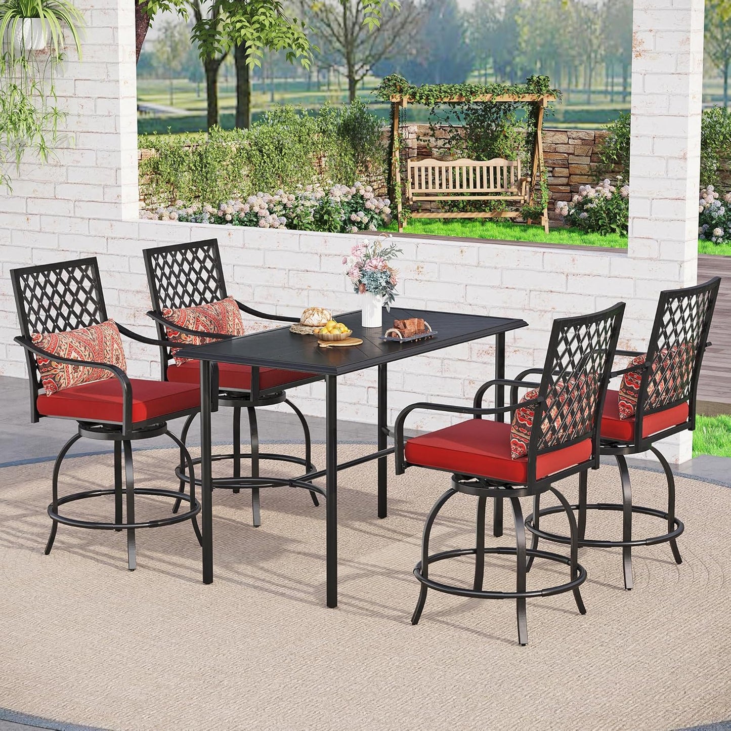 Sophia & William Patio Bar Set 5 Piece Outdoor High Dining Table and Chairs Set, 4 Swivel Bar Stools and 1 Rectangular Bar Height Table, All-Weather Metal Furniture Set with Red Cushion