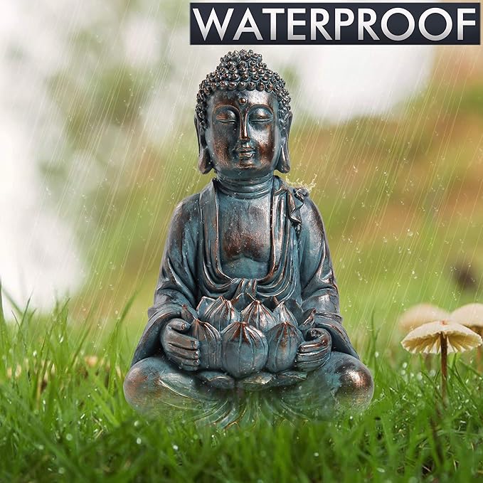 TERESA'S COLLECTIONS Meditating Buddha Statue for Garden Decor with Outdoor Solar Lights, Large Resin Christmas Decor Outdoor Statue Garden Sculpture Figurines for Home Lawn Yard Decorations, 10.4''