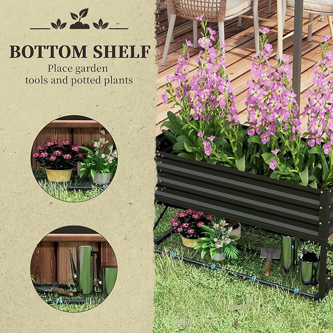 Outsunny Raised Garden Bed with Galvanized Steel Frame, Storage Shelf and Bed Liner, Elevated Planter Box with Legs for Vegetables, Flowers, Herbs, Black