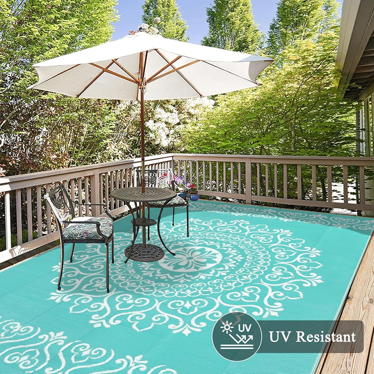 Pauwer Waterproof Outdoor Rug 8x10, Reversible Plastic Straw Patio Camping Rug, Indoor Outdoor RV Mat Carpet for Deck, Camper, Porch, Balcony, Backyard, Picnic, Floral Light Blue