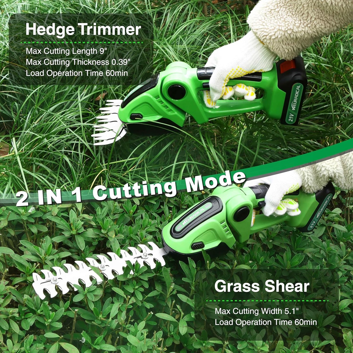 21V Electric Cordless Hedge Trimmers & Grass Trimmer-2 in 1 Handheld Bush Trimmer Cordless Grass Shears Grass Cutter, Shrubbery Trimmer Hedge Shear with Battery and Charger Included